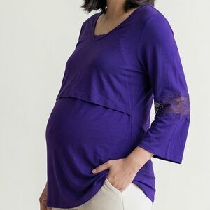 Milk Nursingwear Purple Lace Sleeve Layered Nursing Top Small